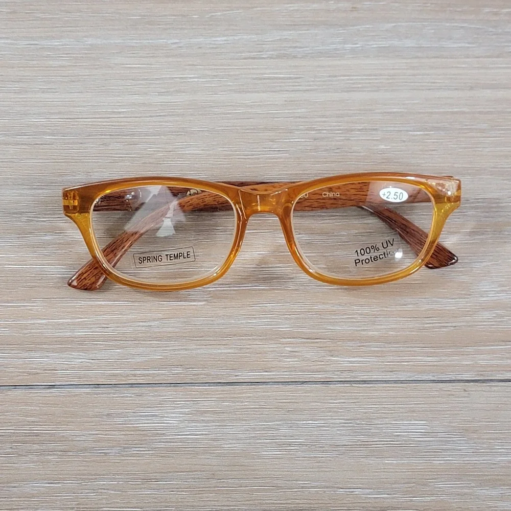 Joy Mangano Women Amber Reading‎ Glasses +2.50 Wood Grain Spring Temple UV New